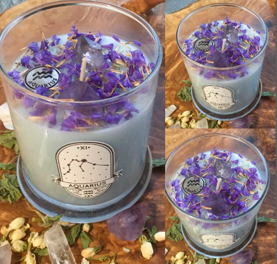Aquarius zodiac candle. Amethyst & Clear Quartz