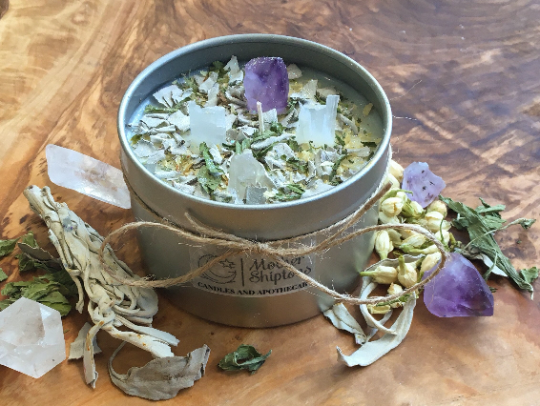 Cleanse positive energy Amethyst, Clear Quartz & Selenite ritual candle.