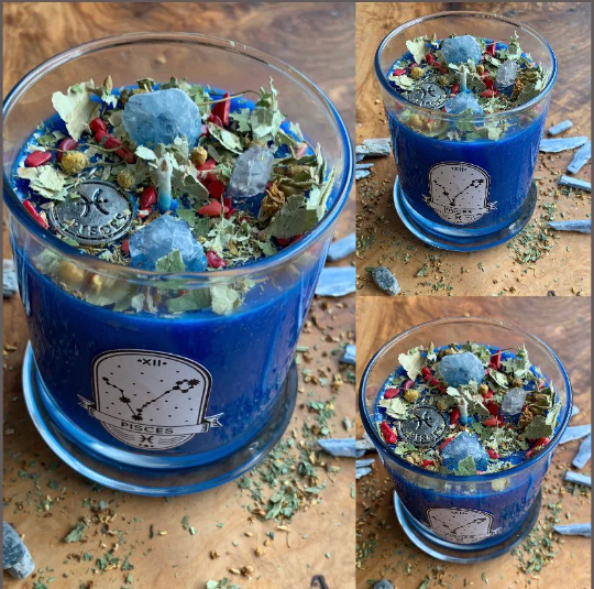 Pisces Zodiac candle. Celestite, Bamboo Coral & Clear Quartz crystals.
