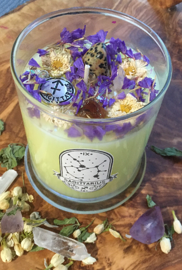 Sagittarius zodiac candle. Dalmatian Jasper, Citrine & Clear Quartz