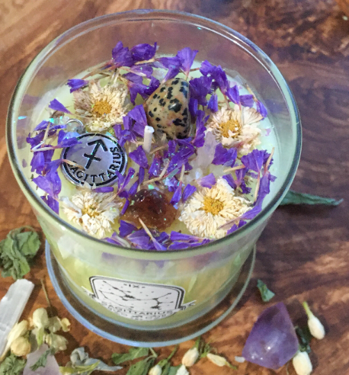 Sagittarius zodiac candle. Dalmatian Jasper, Citrine & Clear Quartz