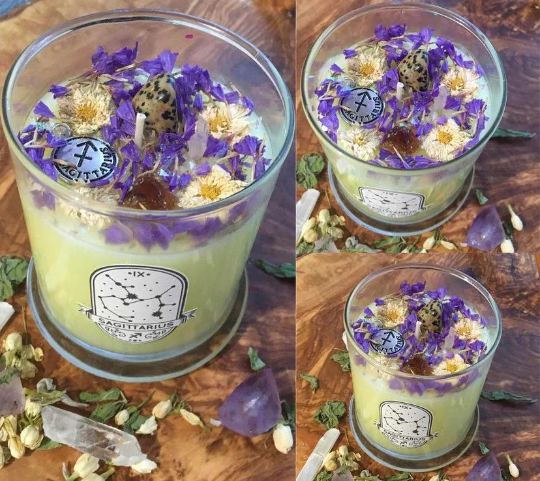 Sagittarius zodiac candle. Dalmatian Jasper, Citrine & Clear Quartz