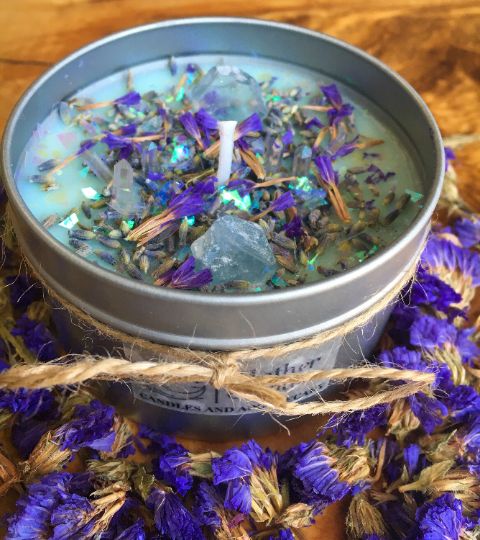 Tranquility Celestite & Clear Quartz ritual candle.