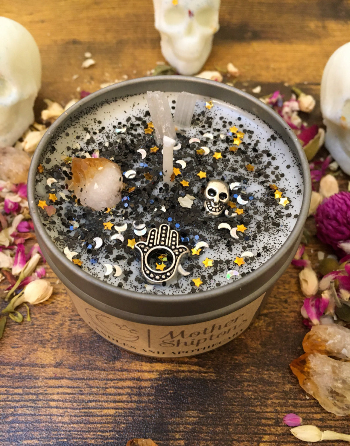 Gothic Skull Citrine & Selenite ritual candle.